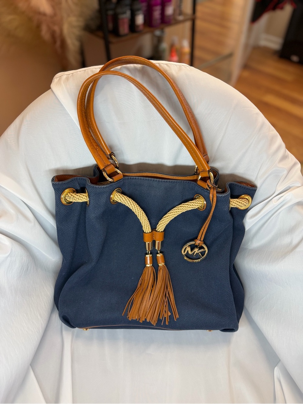 Michael Kors Navy Canvas Marina Drawstring Tote Bag